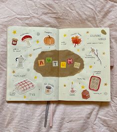 an open children's book with pictures and words in it on top of a bed