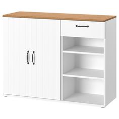 a white cabinet with two doors and shelves next to each other on a white background