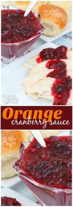 an orange cranberry sauce is in a glass dish and on a plate with bread