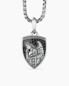 St. Michael Amulet in Sterling Silver with Black Diamonds, 26mm Black Sterling Silver Jewelry With Engraving Option, Religious Symbols, Black Diamonds, Mens Pendant, Amulets, St Michael, Customer Care, High Jewelry, Watches Jewelry