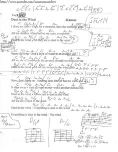 a handwritten sheet with notes and notations for the song'dust in the wind '