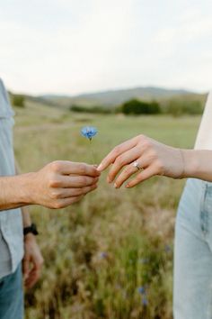 two people reaching out their hands to touch each other's fingers in a field