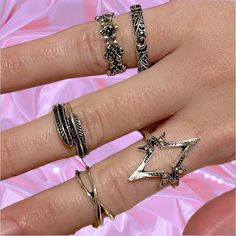 Brand Nwt. This Set Of 5 Antique Silver Metallic Rings Will Look Great On You! Transform Your Style With This Exclusive Set Of 5 Antique Silver Rings, Each Radiating A Unique Grunge Aesthetic. Perfect For Stacking Or Wearing Individually, These Rings Are An Ideal Accessory For Anyone Looking To Make A Bold Statement With Their Jewelry. Whether You're Heading To A Concert Or Just Want To Add An Edge To Your Everyday Look, This Set Of Rings Is Sure To Turn Heads And Resonate With Your Inner Rockst Grunge Rings Aesthetic, Mingi Aesthetic, Grunge Rings, Grunge Ring, Metallic Rings, Set Of Rings, Hand Rings, Antique Silver Rings, Dark Grunge