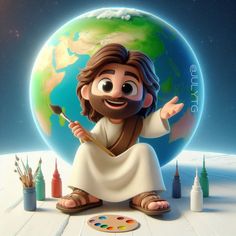 a cartoon jesus holding a paintbrush in front of a painting palette and an earth globe