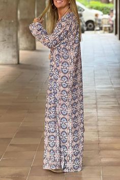 Details: Material: Polyester Style: Casual Pattern Type: Print, Geometric Element: Patchwork Neckline: V Neck Silhouette: Printed Dress Sleeve Length: Long Sleeve Dresses Length: Ankle Length Fit Type: Loose Type: Full Print Size(in) Bust Waist Hips Dresses Length S 39.4 39.4 39.4 50.4 M 41.3 41.3 41.3 50.8 L 43.3 43.3 43.3 51.2 XL 45.3 45.3 45.3 51.6 Tips:Due to the many variations in monitors, the color in the image could look slightly different, please take physical design and color shall prevail.Please allow 0.4"-1" differs due to manual measurement. Long Sleeve Dress With Geometric Pattern For Vacation, Long Sleeve Geometric Pattern Dress For Vacation, Maxi Length Dress With Geometric Pattern, Patterned Geometric Maxi Dress, Patterned Maxi Dress With Geometric Detail, Long Sleeve Geometric Summer Dresses, V-neck Multicolor Print Maxi Dress, Patterned Paisley Print V-neck Maxi Dress, Elegant V-neck Maxi Dress With Abstract Print