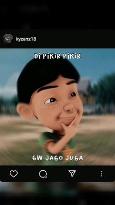 an animated image of a boy smiling and holding his hand up to his face with the caption, dpikir pkir pikrr gw jaco juca