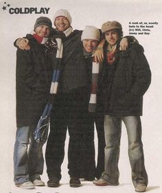 an advertisement for coldplay featuring four men in winter clothes and one holding a baseball bat