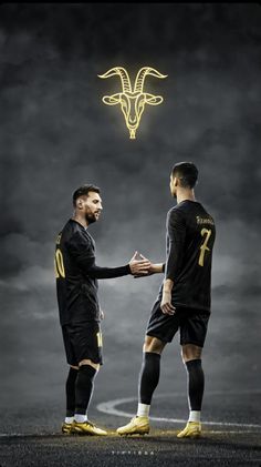 two soccer players shake hands in front of a goat head on a black and white background