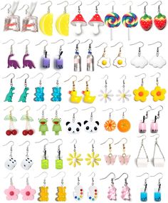 PRICES MAY VARY. Package included: you will receive 30 pairs of cute weird earrings set in 30 different trendy styles, mushroom, strawberry, gummy bear, boba milk tea earrings, goldfish, water bottle, daisy flower, dinosaur, egg, panda, frog, cherry, cloud, orange, food earrings style, dice, Toilet paper, and so on. Reliable material: these funny dangle drop earrings are made of alloy and resin, which are reliable and sturdy, comfortable to wear, skin-friendly, safe to use, not easy to fade and Egirl Clothing, Earrings Weird, Weird Earrings, Crazy Earrings, Earrings Funny, Dinosaur Egg, Funny Earrings, Dinosaur Earrings, Indie Y2k