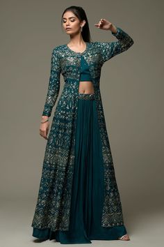 Buy Peacock Green Crepe Sequins Embroidered Jacket Lehenga Online | Samyakk Indo Western Outfits For Women, Long Jackets For Women, Western Dresses For Women, Simple Gowns