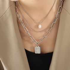 Style: Female Material: Titanium Steel, Freshwater Pearl Pearl Type: Cultured Pearl Color: White Pearl Shape: Irregular Necklace Length: ( 38- 44 - 55) +5cm Gold Square Pendant: 2.4*1.5cm Trendy Silver Charm Necklaces With Pearl Chain, Trendy Silver Charm Necklace With Pearl Chain, White Alloy Chain Necklace, Silver Layered Pendant Necklace, Silver Pendant Layered Necklace, Silver Alloy Layered Necklace With Chain, Silver Alloy Pendant Layered Necklace, Silver Alloy Layered Necklace, Silver Alloy Chain Necklace With Pearl Chain