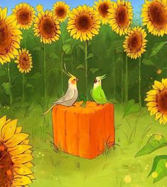 two birds sitting on top of a wooden box surrounded by sunflowers