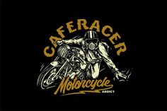 a motorcyclist riding a motorcycle with the words cafe racer on it's back