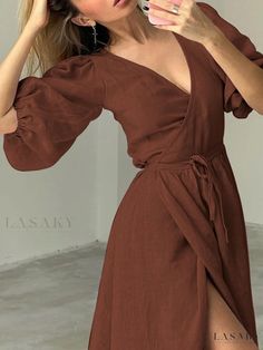 Elegant Kyrie Midi Dress Brown Fitted V-neck Wrap Dress, Non-stretch Knee-length Mini Dress For Brunch, Spring Brunch Wrap Dress, Chic Wrap Dresses For Brunch, Fitted Wrap Midi Dress For Brunch, Chic Wrap Midi Dress For Brunch, Fitted Wrap Maxi Dress For Spring, Wrap Dresses For Spring Brunch, Fitted Wrap Mini Dress For Summer