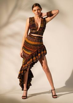 Nikita Mhaisalkar-Multicolour Stripe Print Ruffle Skirt-INDIASPOPUP.COM Halter Neck Gown, Color Abstract, Designer Label, Skirts Online, Halterneck Dress, Sequin Fabric, Ruffle Skirt, Printed Skirts, Aza Fashion