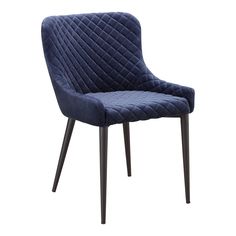 an upholstered blue chair with black legs and a quilted seat cover on the back