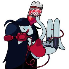 a cartoon character holding a video game controller in her hand and drinking from a bottle