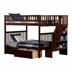 a bunk bed with stairs and storage underneath the bed is made of wood, it has a blue plaid pillow on top