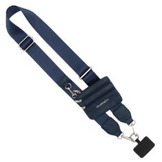 a blue suspender with metal buckles and two black clips on the bottom of it