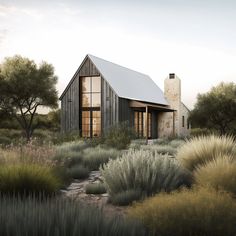 an artist's rendering of a house in the middle of a field with trees and bushes