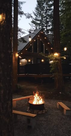 a fire pit sitting in the middle of a forest with lights on it's sides