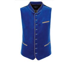 Traditional vest Ricardo for men from Stockerpoint Classics. The masculine model made of high-quality cotton velvet is the classic among traditional vests. An adjustable latch and darts on the back ensure a masculine fit, while contrasting piping in suede look on the three pockets and on the short stand-up collar with filigree embroidery set classic accents. Simple buttons skilfully round off the design. Brand: Stockerpoint Classics Material: 100% wool Colour: royale Fit: Fit is normal Care: do Sleeveless Vest With Buttons For Wedding, Formal Blue Vest With Buttons, Elegant Sleeveless Nehru Jacket For Festive Occasion, Festive Fitted Nehru Jacket With Buttons, Fitted Traditional Nehru Jacket With Button Closure, Fitted Traditional Nehru Jacket, Traditional Fitted Nehru Jacket, Traditional Nehru Jacket With Buttons For Formal Occasions, Traditional Formal Nehru Jacket With Buttons