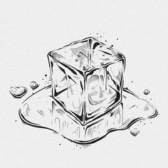 an ice cube with drops of water on the floor and in the middle, it is drawn