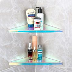 three shelves with different types of cosmetics on them