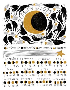 a calendar with black and gold designs on it's cover, which reads moon in 20 o'clock