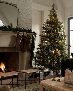 a living room with a christmas tree and fireplace