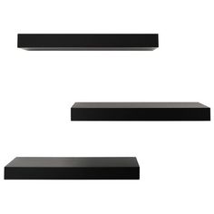 three black shelves are shown against a white background and one shelf has two empty ones