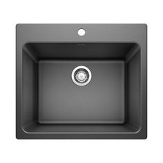 an image of a black sink on a white background with the drain in the center