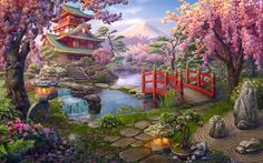 a painting of a japanese garden with red bridge and pagoda in the distance, surrounded by flowers