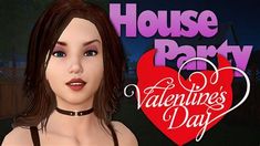 a woman with brown hair and blue eyes wearing a black choker is standing in front of a house party valentine's day sign