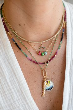 Rainbow Sapphire Bali Necklace - Colorful Gemstone Jewelry | J. Landa Seed Bead Necklace With Charm, Colorful Gold Jewelry, 2024 Jewelry Trend, Gold Bali, Charm Necklace Diy, Multi Gemstone Necklace, Necklace Inspiration, Sapphire Stones, Jewelry Colorful