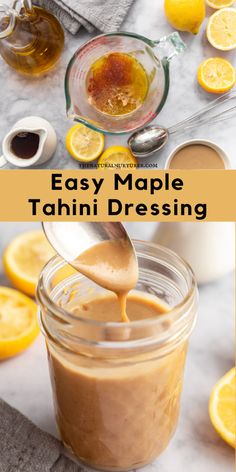 an easy maple tahini dressing recipe in a mason jar with lemons and honey on the side