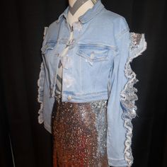 New With Tags Denim Cropped Jacket With Sequin Ruffle Detail On Sleeves Chic Fitted Denim Top With Ruffles, Fitted Medium Wash Denim Top With Ruffles, Trendy Medium Wash Denim Top With Ruffles, Trendy Ruffled Medium Wash Denim Top, Spring Denim Top For Party, Trendy Spring Denim Top For Party, Trendy Ruffled Denim Top For Spring, Spring Party Denim Top, Spring Party Trendy Denim Top