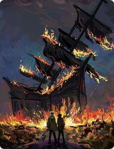 two people standing in front of a burning ship