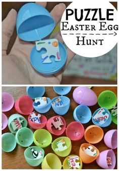 two pictures with different colored plastic cups and one has a hole in the middle that says puzzle easter egg hunt