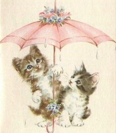 two kittens under an umbrella with flowers on it's head and one is holding the other