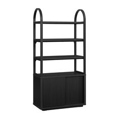 a black bookcase with two shelves and one door on the side, against a white background