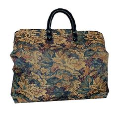 Unisex tapestry carpet bag featuring camel & soft gold colored leaves with touches of burgundy on a hunter green background.Ready to ship in 5 business daysThe tapestry fabric covers a spring-loaded steel frame which snaps open for easy access. A magnetized fabric flap closure adds the finishing touch. Bags are fully lined. At the bottom of each you'll find a lightweight board, providing stability between the fabric layers. Each bag sits on six brass feet to protect the fabric when the bag i Gold Tapestry Rectangular Bag, Brown Tapestry Travel Bag, Vintage Brown Tapestry Satchel, Rectangular Tapestry Shoulder Bag For Travel, Travel Tapestry Tote Satchel, Tapestry Tote Satchel For Travel, Travel Tapestry Satchel Tote, Rectangular Tapestry Travel Bag, Brown Tapestry Travel Satchel