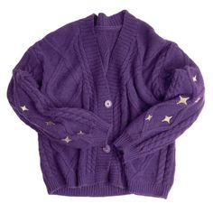 Star Embroidery Purple Cardigan | Aesthetic Outfits - Boogzel – Boogzel Clothing Cozy Long Sleeve Sweater With Star Print, Winter Star Print Long Sleeve Sweater, Winter Long Sleeve Star Print Sweater, Long Sleeve Star Print Winter Sweater, Purple Long Sleeve Cable Knit Cardigan, Long Sleeve Purple Cable Knit Cardigan, Trendy Purple Cotton Cardigan, Trendy Purple Knitted Cardigan, Purple Long Sleeve Winter Cardigan