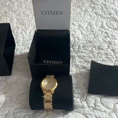 Nwt Gold Citizen Watch Comes With Original Box And Tags Elegant Analog Watches For Wedding, Yellow Gold Analog Watch For Gift, Modern Analog Jewelry And Watches For Gift, Modern Analog Jewelry And Watches Gift, Timeless Watches With Box Clasp For Gift, Timeless Watches With Box Clasp As Gift, Elegant Watches With Box Clasp, Yellow Gold Analog Jewelry And Watches As Gift, Yellow Gold Watch Accessories For Gift