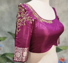 Maggam Work On Banaras Blouse, Purple Self Design Banarasi Silk Blouse Piece, Purple Banarasi Silk Blouse Piece For Wedding, Purple Silk Blouse With Zari Work, Fitted Banarasi Silk Blouse Piece In Purple, Gold Blouse Designs, Maggam Blouses, Sleeveless Blouse Designs, Latest Bridal Blouse Designs