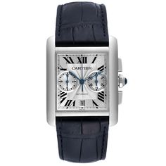 Cartier Tank MC Silver Dial Automatic Chronograph Mens Watch W5330007 Papers. Automatic self-winding chronograph movement. Three body brushed stainless steel case 34.3 x 44.0 mm. Protected octagonal crown set with the faceted blue spinel. Transparent exhibition sapphire crystal case back. Stainless steel bezel. Scratch resistant sapphire crystal. Silver guilloche dial with Roman numerals and minute track. Blue sword-shaped hands. Chronograph functions: 30-minute counter at the 3 o'clock position Elegant Cartier Watch With Tachymeter, Formal Cartier Watch With Tachymeter, Luxury Cartier Watch With Tachymeter, Cartier Chronograph Watches With Rectangular Dial, Modern Cartier Chronograph Watches, Classic Cartier Chronograph Watch For Formal Occasions, Cartier Classic Chronograph Watch For Formal Occasions, Formal Cartier Chronograph Watch, Formal White Gold Chronograph Watch With Tachymeter