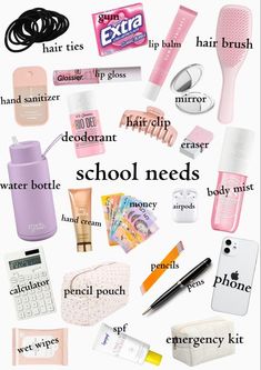 the words school needs are written in different font styles and colors, along with other items