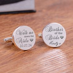 Personalise these Walk me down the aisle cufflinks with the date of the wedding and the Bride's Name.  Sure to be a sentimental and emotional gift for whoever is walking you down the aisle on the big day! Supplied in a smart cufflink case. High quality silver finish round cufflinks - please note these cufflinks are made from a quality base metal (copper) and plated with Rhodium to give the very best tarnish free engraving finish - they are not Stainless Steel. We can be contacted via Etsy Message or e-mail  (our email address is shown in the Add your personalisation section) Brother Of The Bride, Emotional Gifts, Usher Gifts, Wedding Cufflinks Groom, Groomsmen Cufflinks, I Loved You First, Wedding Cuff Links, Groom Cufflinks, Engraved Cufflinks