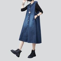 Introducing the 2023 Autumn Collection's Sleeveless Hooded Women's Denim Coat ââ‚?90s Style ââ‚?a timeless piece that exudes a unique blend of retro elegance and raw grunginess!Distinctive Features: 90s Rock-n-roll-Inspired: Referencing the iconic '90s style. this denim coat is all about rebelliousness and sophistication. rolled into one. Medium Wash: Perfectly balanced between light and dark. it adds a subtle edge to your look. Long & Flowy: Silhouette to a longer length. this coat is designed Spring Denim Vest For Streetwear, Washed Denim Vest For Streetwear, Winter Cotton Denim Dress With Pockets, Fall Sleeveless Denim Dress With Pockets, Sleeveless Cotton Denim Dress For Fall, Sleeveless Denim Dress In Denim Blue For Fall, Back To The 90s, Denim Coat Women, Denim Clothing