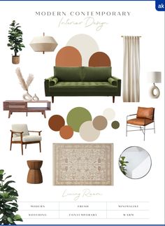 modern contemporary interior design mood board with green furniture and neutral colors, including white walls